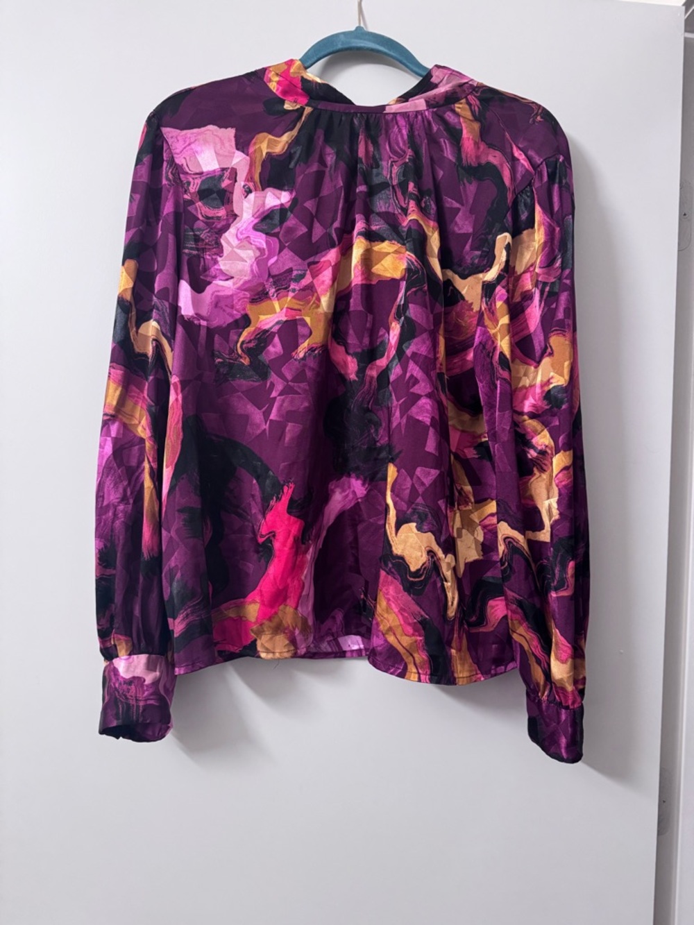 Nine West Purple Abstract-Print Long Sleeve Blouse with Pink & Gold Accents